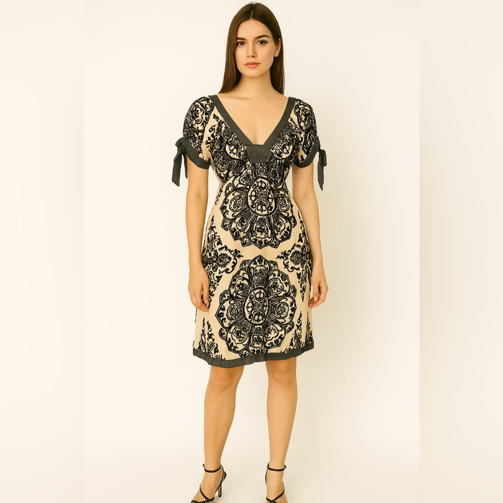 Hale Bob Black Velvet Burnout and Nude Silk Beaded Mini Dress Party Dress size s